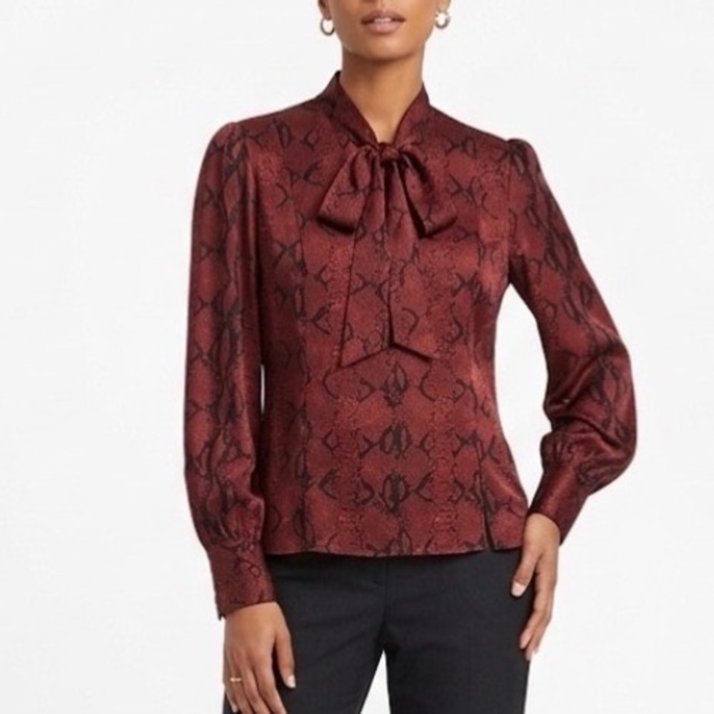 Jason Wu Burgundy Snake-Print Bow-Neck Blouse